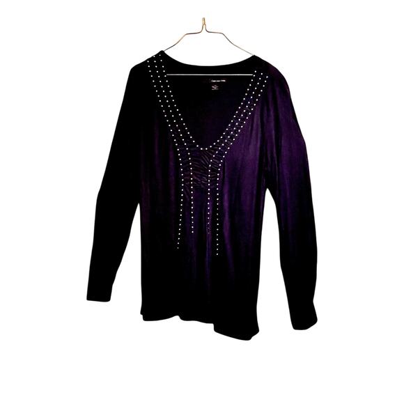 Black Top Womans Calvin Klein NY Size Large Studded V Neck down front Boho Retro - Picture 1 of 5